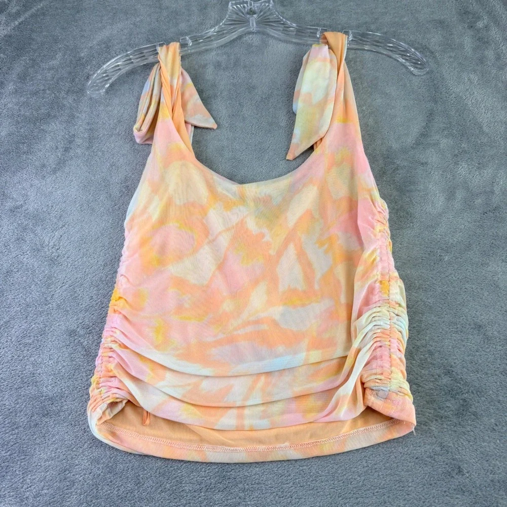 Free People L‎ Avenue Ivory Orange Ruched Mesh Tie Dye Tank Top Boho Summer NWT